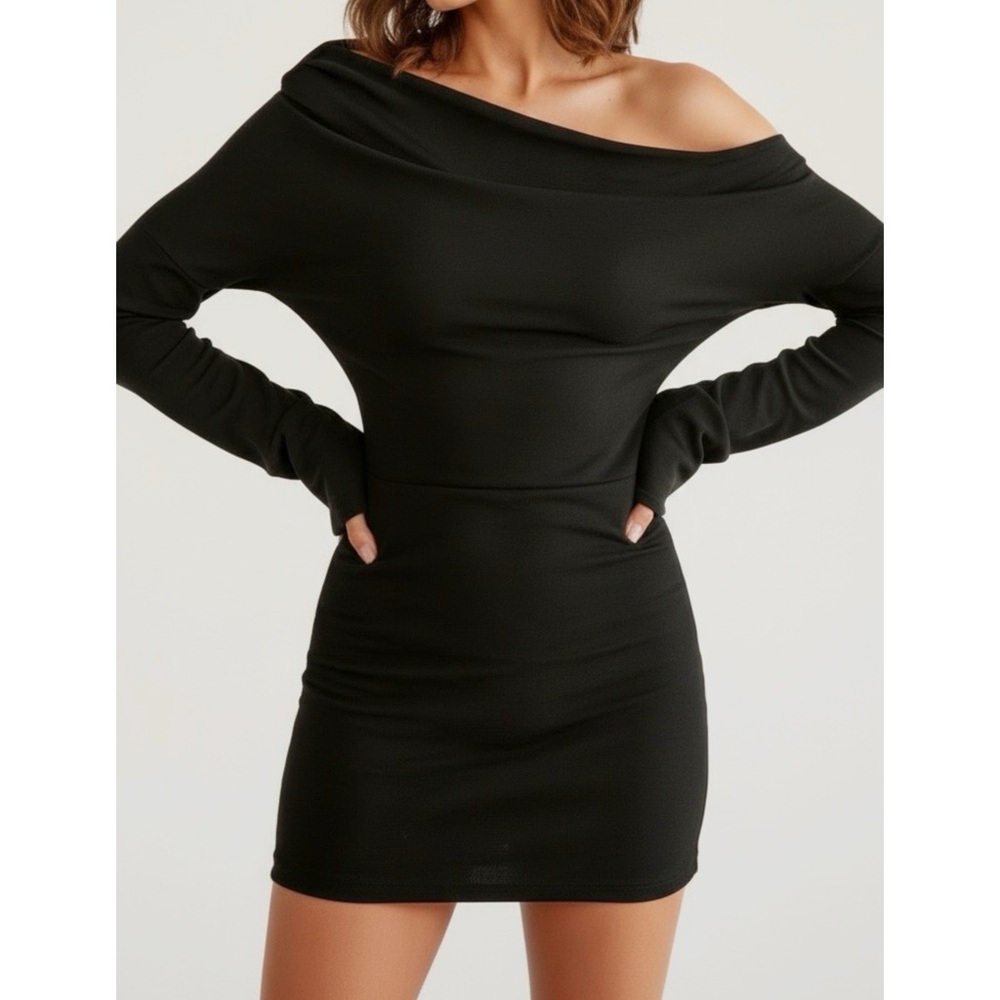 OLDSPORT The Cupro Long Sleeve Mini Dress, Black, XS